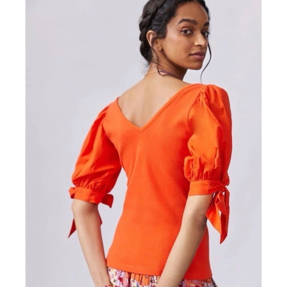 Maeve Anthropologie Orange Ribbed V-Neck Puff Sleeve Tie Cuff Top Small